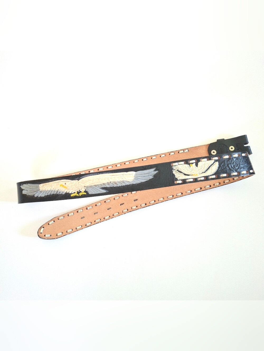 Vintage USA Men's Belt Hand Tooled Leather Painted Eagle 44 Western Biker